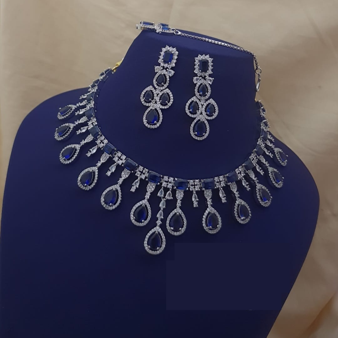 Blue American Diamond Necklace Set Stone Wedding Wear Jewellery Premium Design set