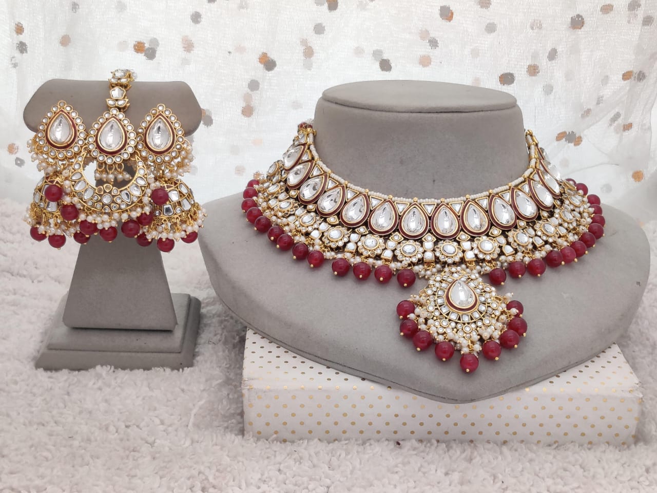 Traditional Gold Plated Kundan Choker Necklace Jhumki Earring & Maang Tikka Set