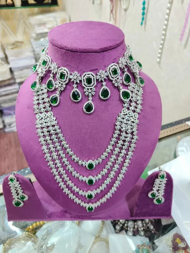 Bollywood Silver tone Bottle green 3 layer Bridal Combo Set