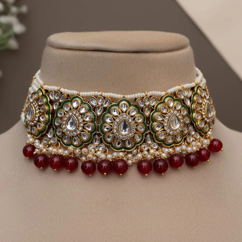 Indian Gold Plated Bollywood Pollki Kundan Choker Nacklace.