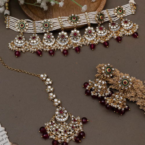 Gold Plated Bollywood Ethnic Kundan Fashion bridal Jewelry Set.