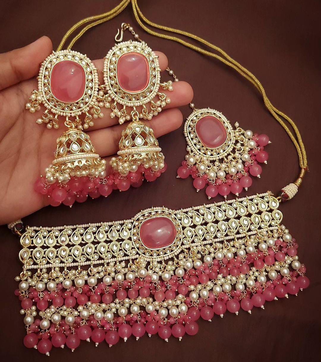 Bollywood Bridal Pink Choker Necklace Earrings Tikka Jewelry